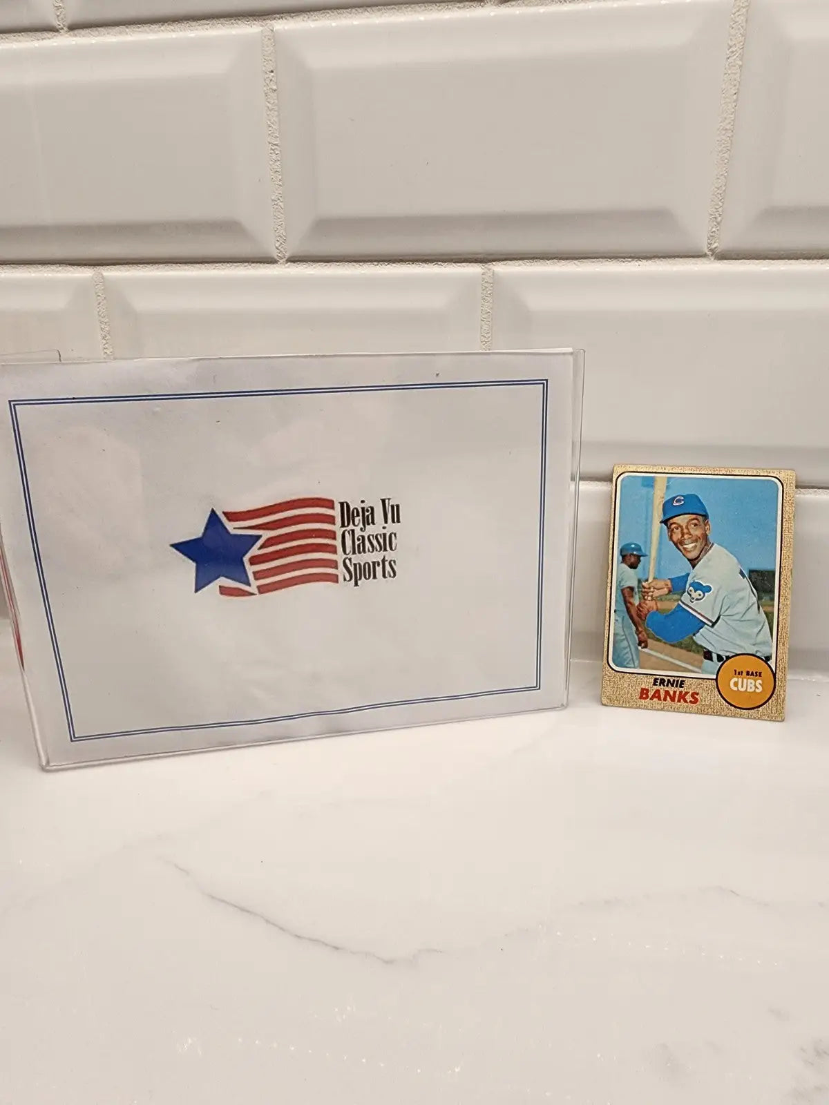 Baseball card and protective sleeve for 1968 Topps Ernie Banks #355 collectible