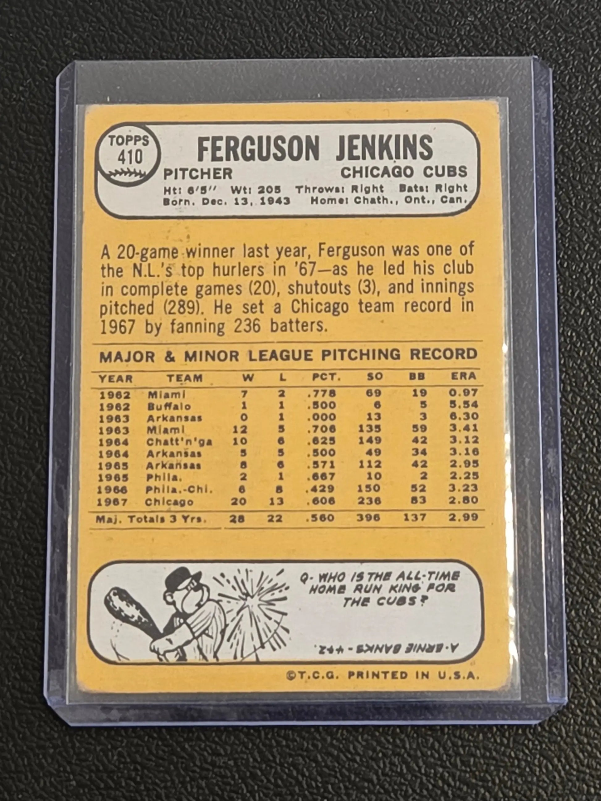 Back of a vintage 1968 Topps Ferguson Jenkins baseball card in protective sleeve