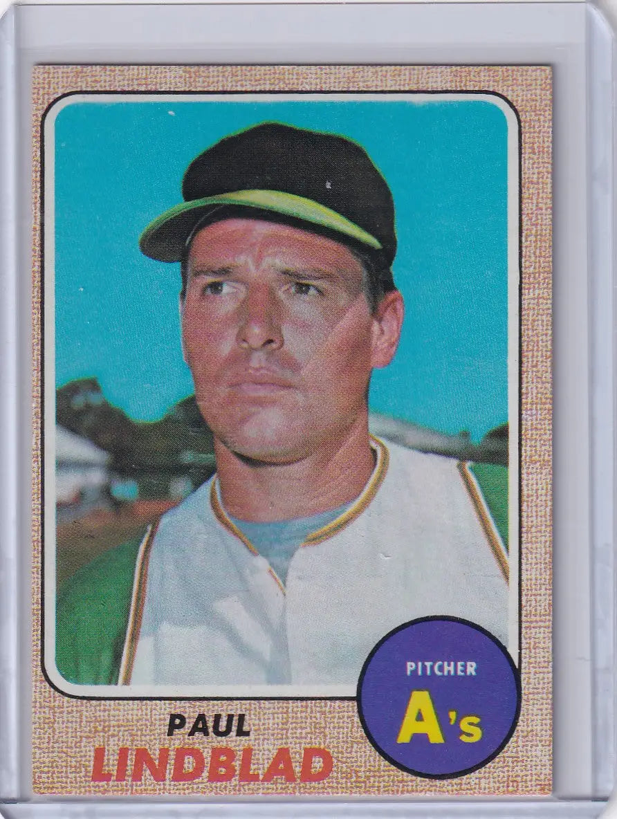 1968 Topps Baseball card of Paul Lindblad, pitcher for the Oakland Athletics