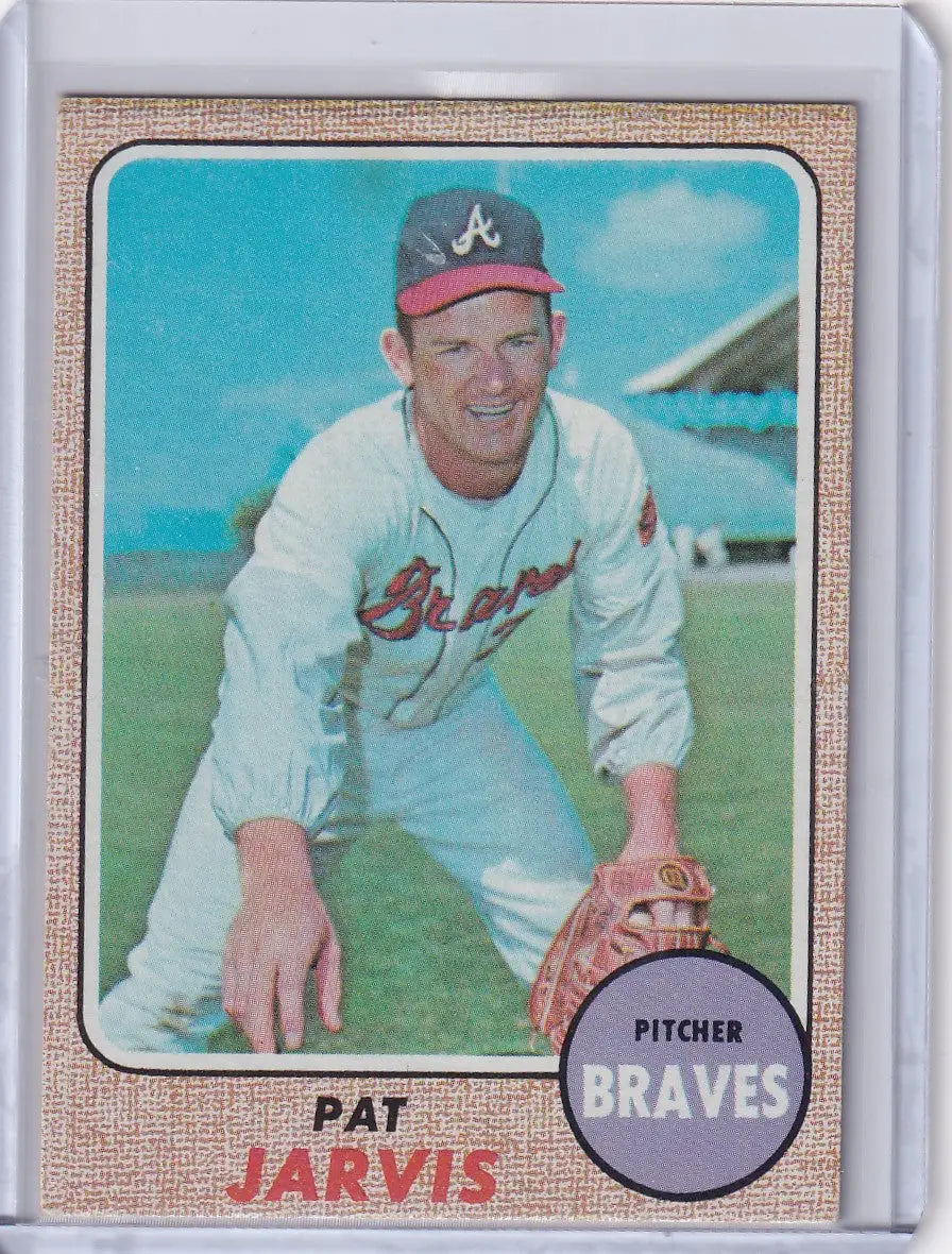 1968 Topps Baseball card of Pat Jarvis, pitcher for the Atlanta Braves in white uniform