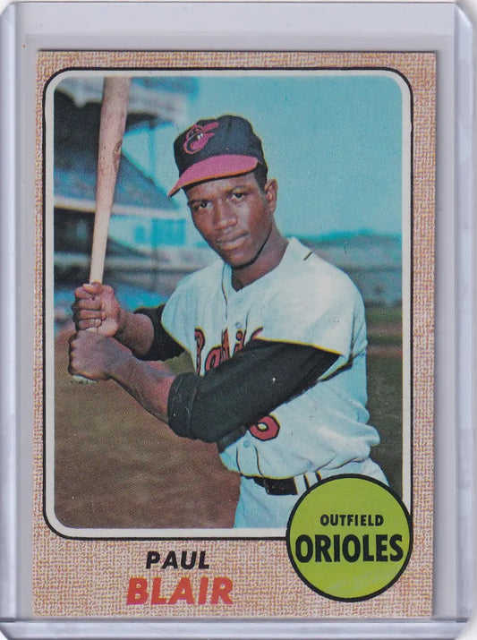 Baseball card of Paul Blair in batting stance, 1968 Topps Baseball, Baltimore Orioles