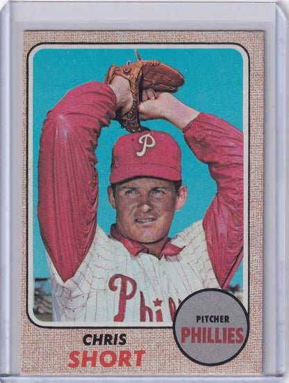 Baseball card of Chris Short in wind-up pose for Topps Baseball, Philadelphia Phillies