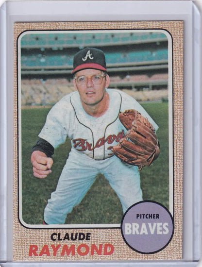 1968 Topps Baseball card of Claude Raymond, Atlanta Braves pitcher in white uniform