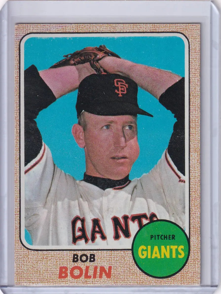 Baseball card of Bobby Bolin from the San Francisco Giants against a teal background
