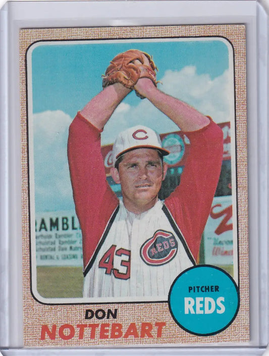 Baseball card of Don Nottebart in wind-up pose for the Cincinnati Reds from Topps Baseball