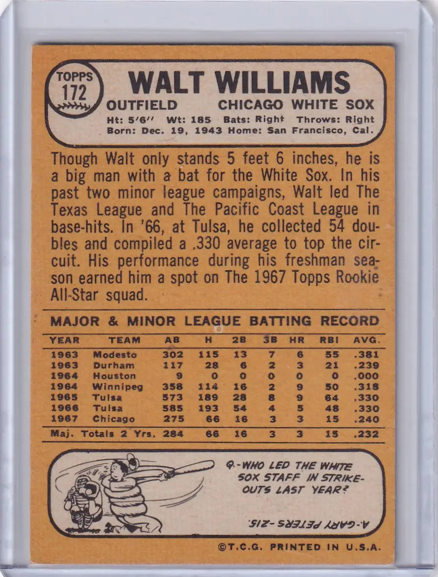 1968 Topps Baseball #172 Walt Williams Chicago White Sox card with statistics and bio