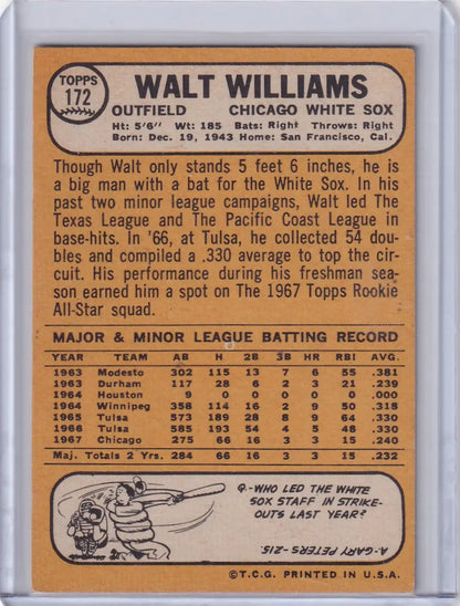 1968 Topps Baseball #172 Walt Williams Chicago White Sox card with statistics and bio
