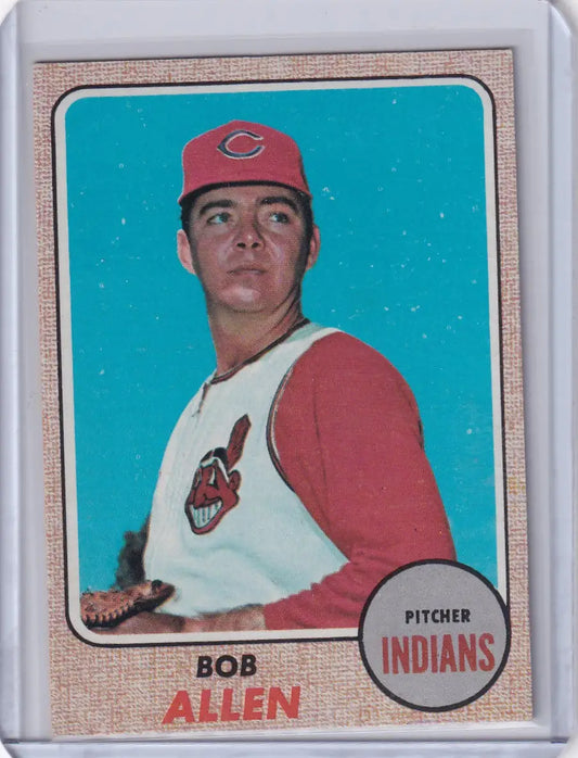 1968 Topps Baseball card of Bob Allen, Cleveland Indians pitcher in red cap and jersey