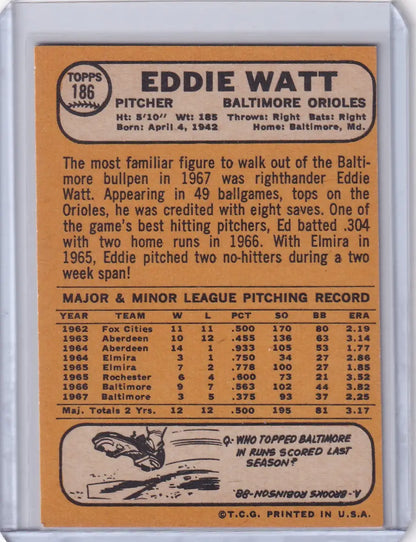 1968 Topps Baseball #186 card of Eddie Watt, pitcher for the Baltimore Orioles