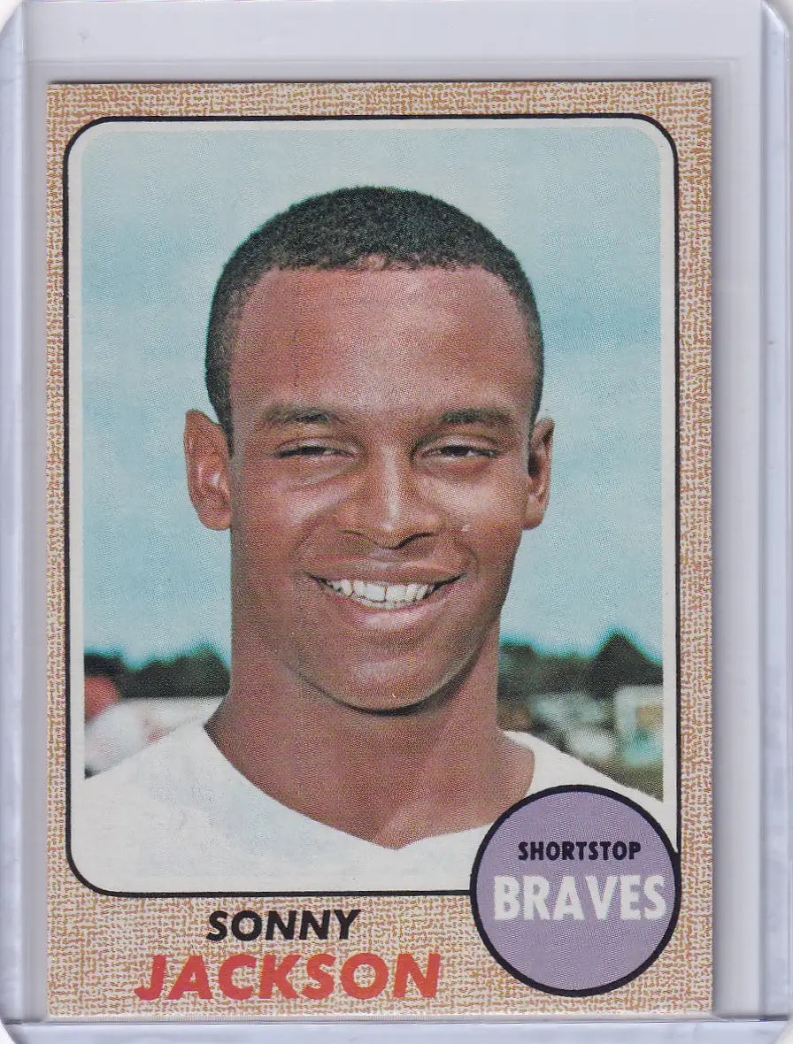 1968 Topps Baseball card of smiling Sonny Jackson from Atlanta Braves team