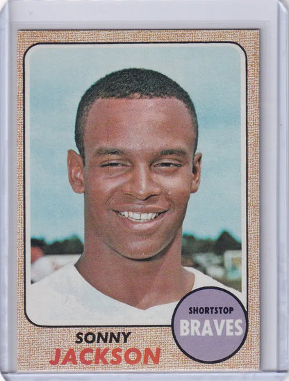 1968 Topps Baseball card of smiling Sonny Jackson from Atlanta Braves team