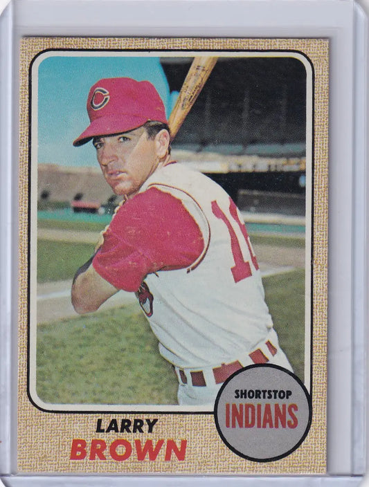 Vintage 1968 Topps Baseball card of Larry Brown, player for Cleveland Indians in red cap