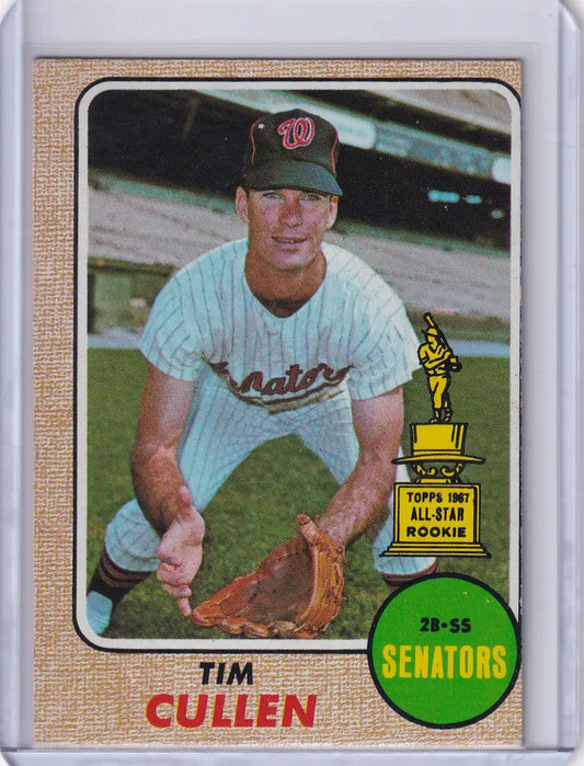 1968 Topps Baseball card of Tim Cullen in fielding stance for Washington Senators
