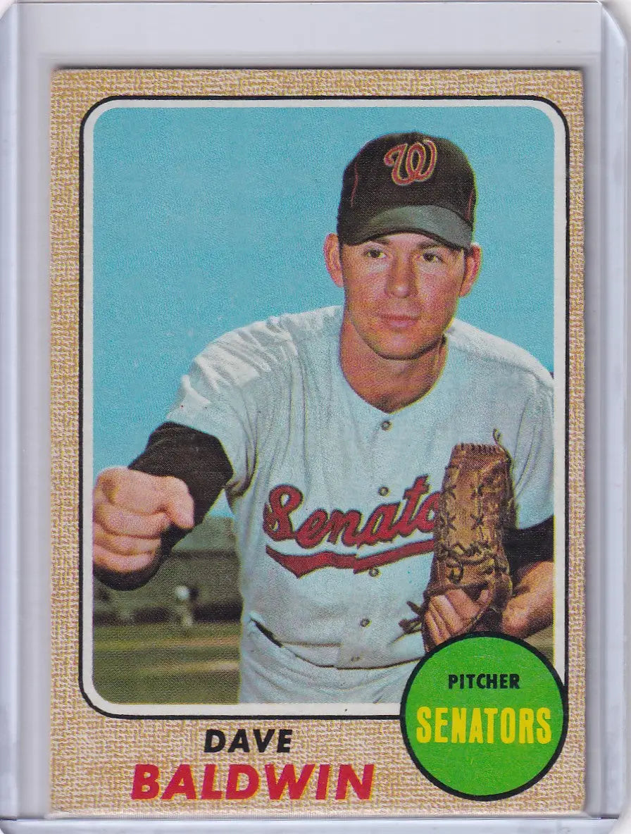 1968 Topps Baseball card of Dave Baldwin, Washington Senators pitcher in uniform