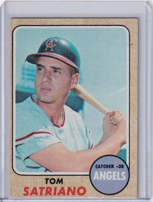 Vintage 1968 Topps Baseball card of Tom Satriano in a California Angels batting pose