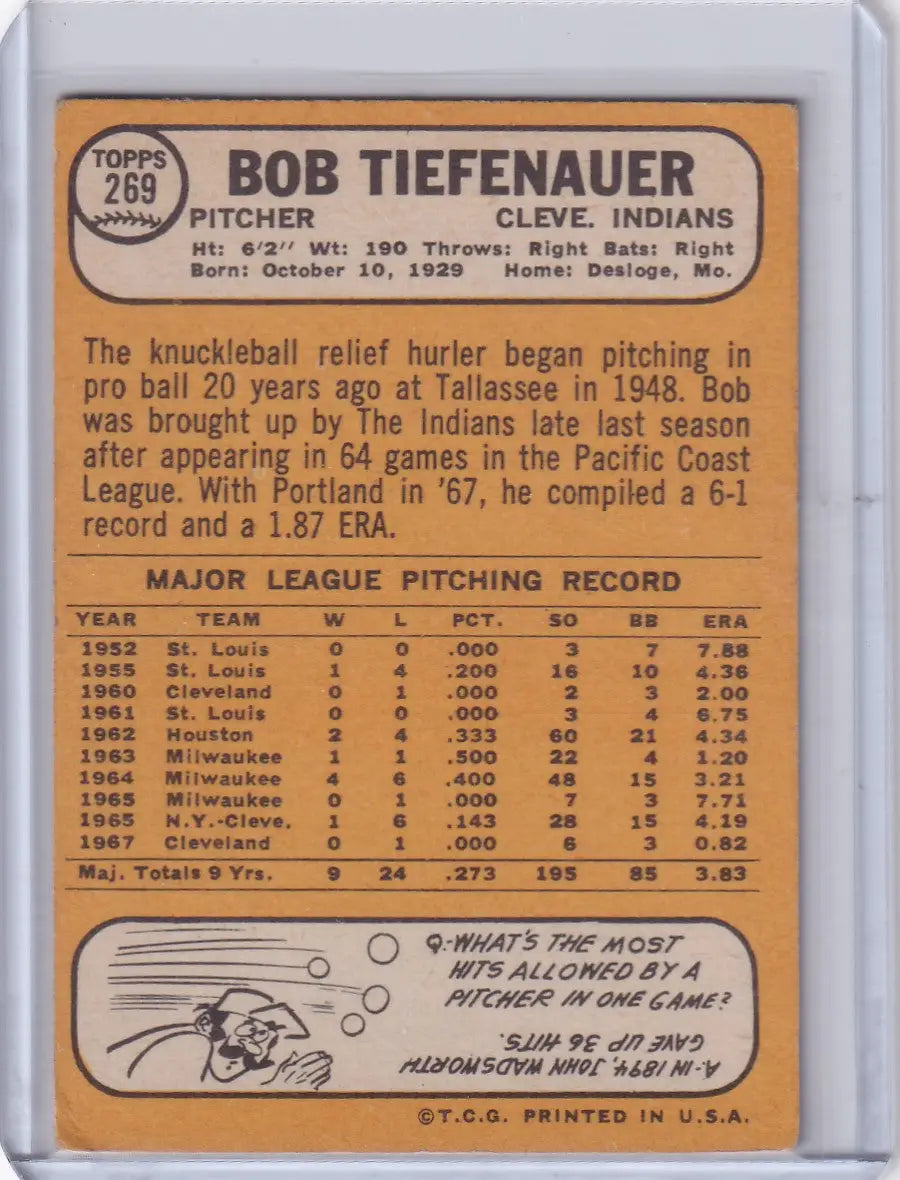 1968 Topps Baseball card of Bobby Tiefenauer with the Cleveland Indians
