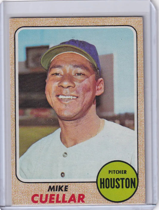 1968 Topps Baseball card of Mike Cuellar smiling in Houston Astros jersey and cap