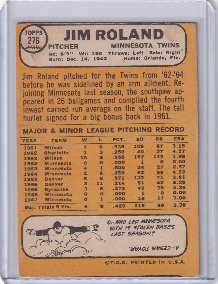 1968 Topps Baseball card of Jim Roland, pitcher for the Minnesota Twins