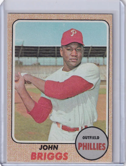 Vintage Topps Baseball card of John Briggs, Philadelphia Phillies outfielder in batting stance
