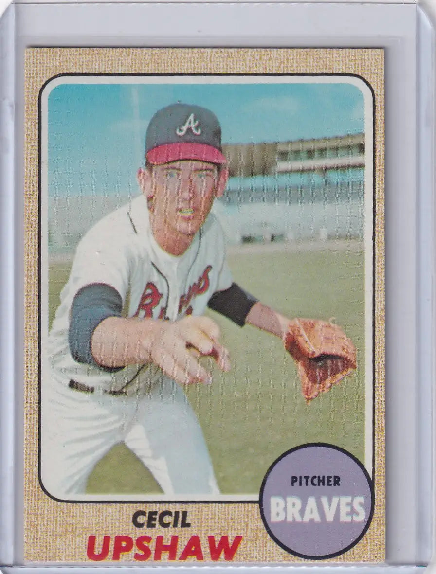 Vintage 1968 Topps Baseball card of pitcher Cecil Upshaw for Atlanta Braves