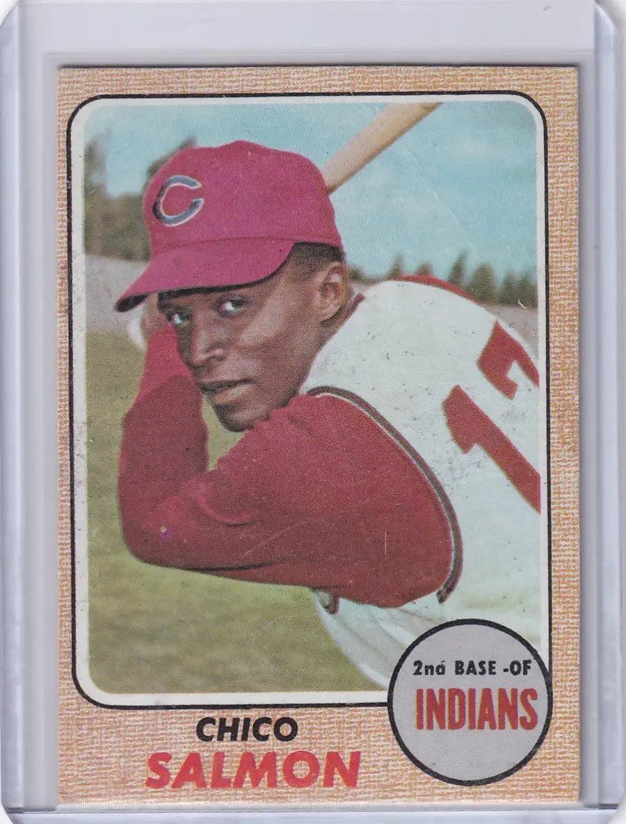 Vintage Topps Baseball card of Chico Salmon, Cleveland Indians, in red cap and jersey 11