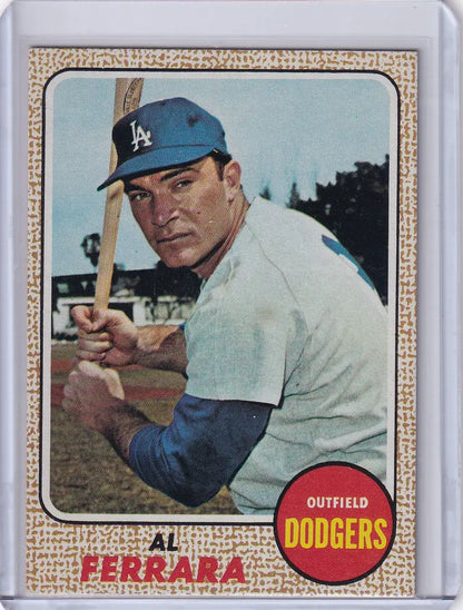 1968 Topps Baseball card of Al Ferrara, Los Angeles Dodgers outfielder in batting stance