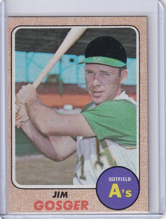 1968 Topps Baseball card of Jim Gosger in batting stance for Oakland Athletics