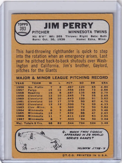 1968 Topps Baseball card of Jim Perry, pitcher for the Minnesota Twins, with stats