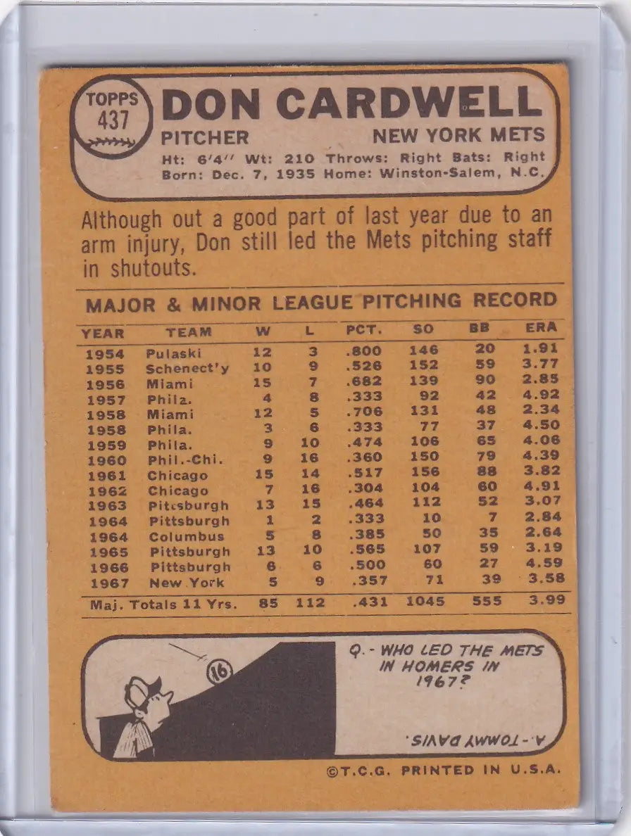 Vintage Topps Baseball card of Don Cardwell from the New York Mets