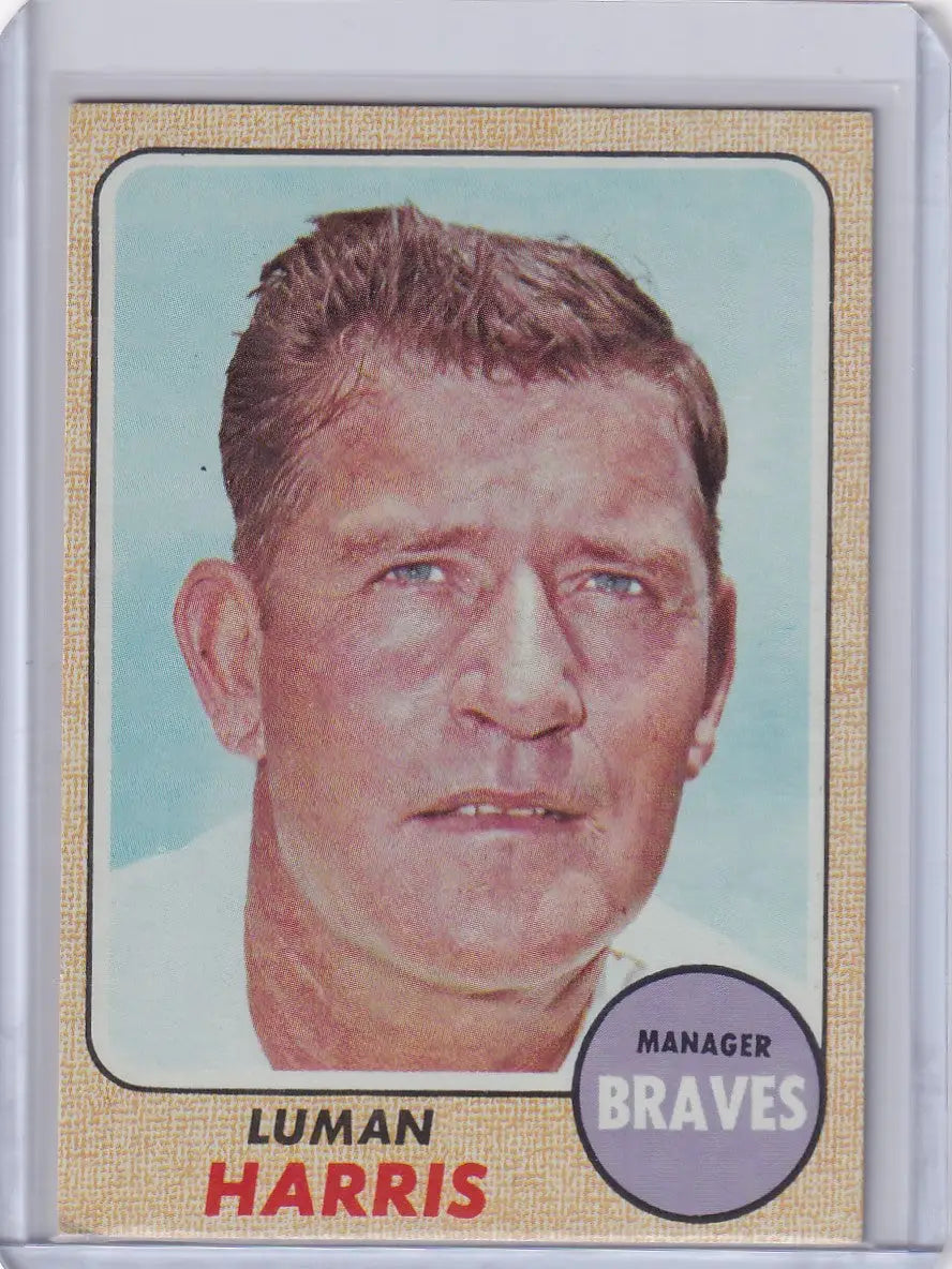 Vintage Topps Baseball card of Lum Harris, Atlanta Braves manager with headshot