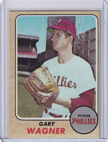 1968 Topps Baseball card of Gary Wagner, Philadelphia Phillies pitcher in uniform with glove
