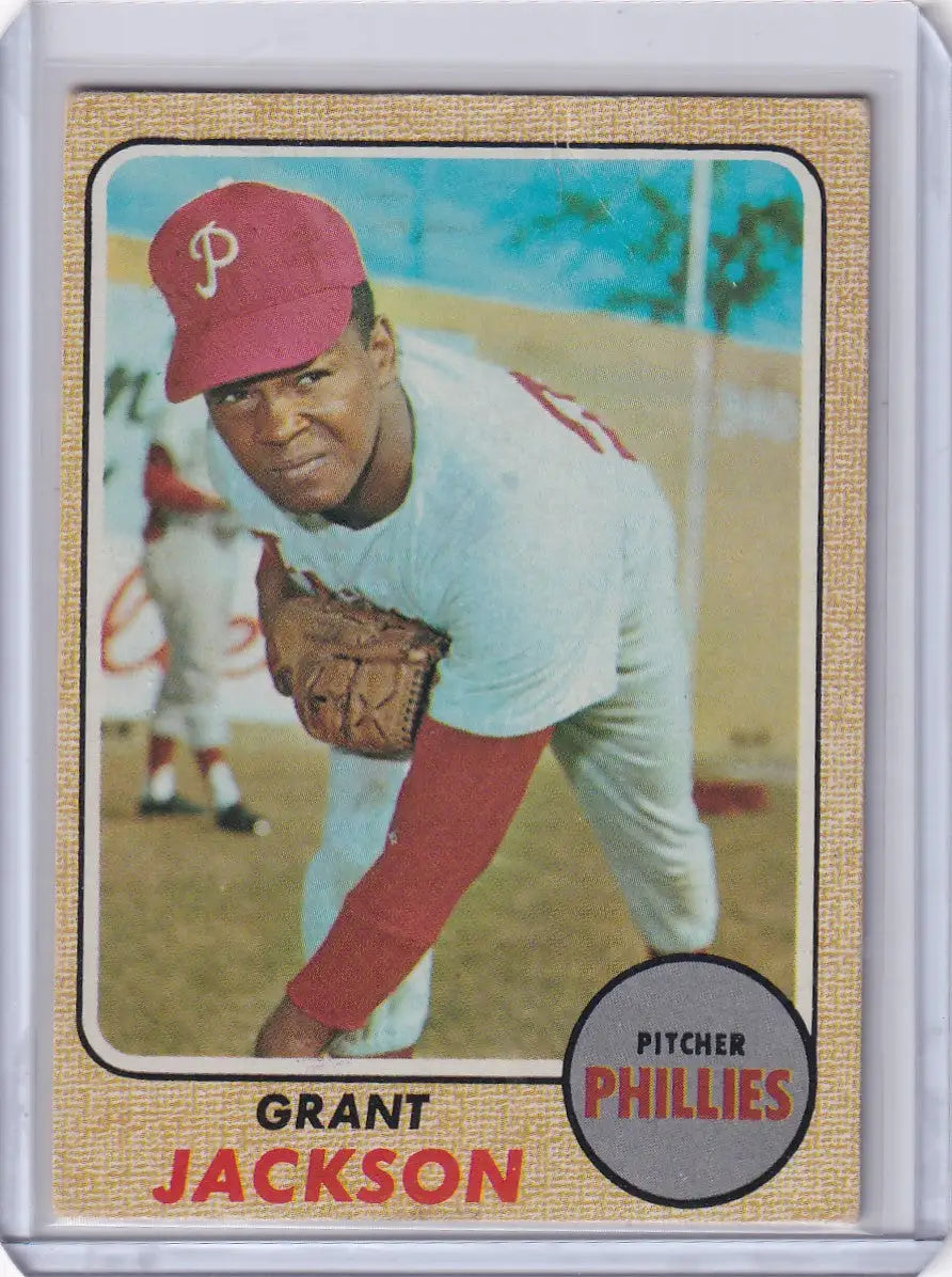 Baseball card of Grant Jackson in throwing stance, 1968 Topps Baseball, Philadelphia Phillies