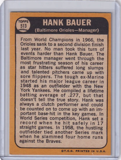 Topps Baseball card of Hank Bauer, Baltimore Orioles, 1968 Topps #513 edition