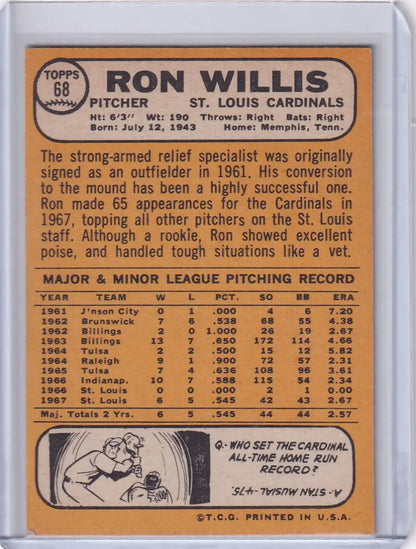 Topps Baseball card of Ron Willis, pitcher for the St. Louis Cardinals, 1968 edition