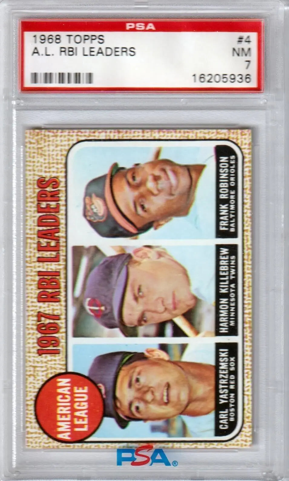 Graded 1968 Topps RBI Leaders baseball card featuring Killebrew Yaz Robinson PSA 7 NM