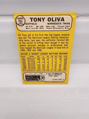 1968 Topps Tony Oliva baseball card showing ToppstonyOliva collectible in EX-NM condition
