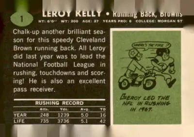 1969 Topps Leroy Kelly football trading card in excellent condition, sports trading card