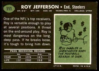 Vintage football card back featuring Roy Jefferson from the Pittsburgh Steelers 1969 Topps #111