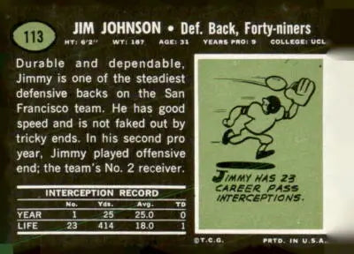 Vintage football trading card featuring Jim Johnson of the San Francisco 49ers from 1969 Topps