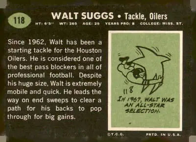 Vintage football card of Walt Suggs from 1969 Topps Houston Oilers series