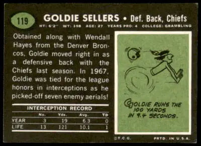 Vintage football trading card of Goldie Sellers from 1969 Topps #119 Kansas City Chiefs
