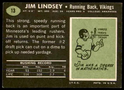 Vintage Jim Lindsey football card from 1969 Topps #13 featuring Lindsey played for Minnesota Vikings