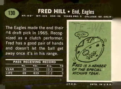 Vintage football card of Fred Hill from 1969 Topps featuring Philadelphia Eagles player