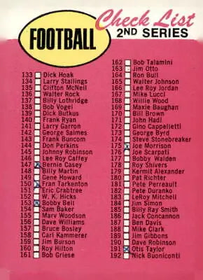 Football card checklist for 1969 Topps 132a 2nd Series trading card collection