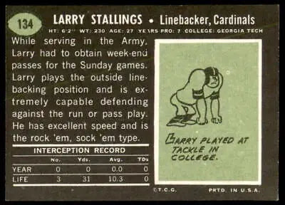 Vintage Larry Stallings football trading card from the Louis Cardinals 1969 Topps #134