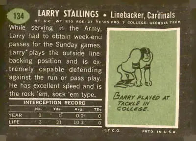 Vintage football card back featuring Larry Stallings from the 1969 Topps Louis Cardinals trading card