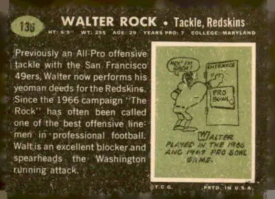 Vintage football card of Walter Rock from the Washington Redskins 1969 Topps series