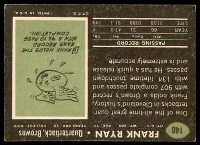 Vintage football card back of Frank Ryan from 1969 Topps #140 featuring Cleveland Browns