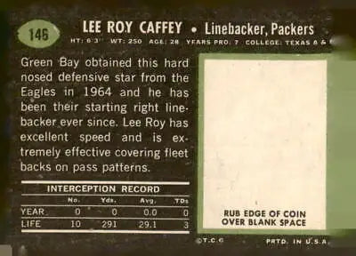 Vintage football card back featuring Lee Roy Caffey from 1969 Topps #146