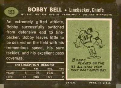 Vintage 1969 Topps #153 Bobby Bell trading card showcasing BOBBY BELL trading memorabilia